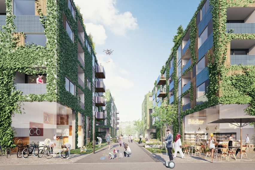 A street lined with plant covered building in Berlin TXL
