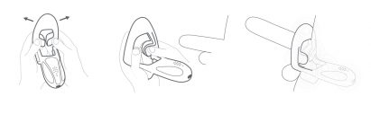 Illustration of how to put on Hand holding up Tanuto 2, a wearable vibrator for erectile dysfunction by MysteryVibe