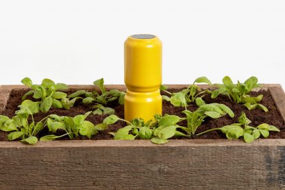 Terra Nova device planted in a garden bed surrounded by plants