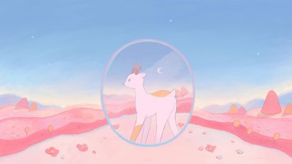 Drawing of a deer on a pink landscape by a student at Hong Kong Polytechnic University