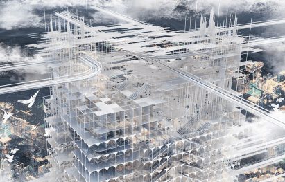 3D architectural drawing of a white grid structure by a student at the Hong Kong Polytechnic University