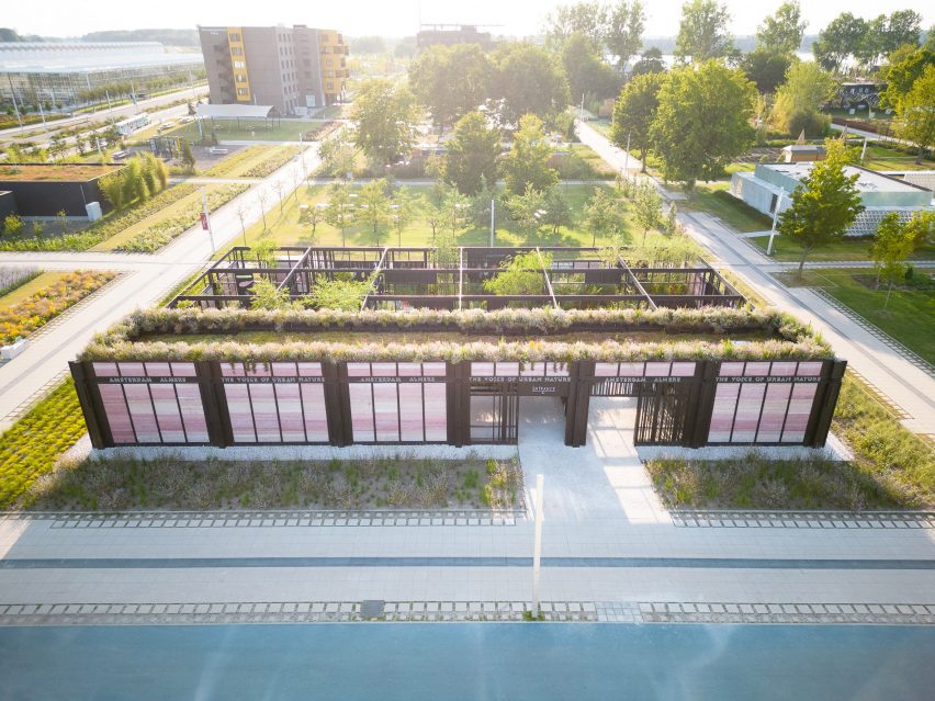 Aerial view of The Voice of Urban Nature pavilion at Floriade 2022 by Overtreders W