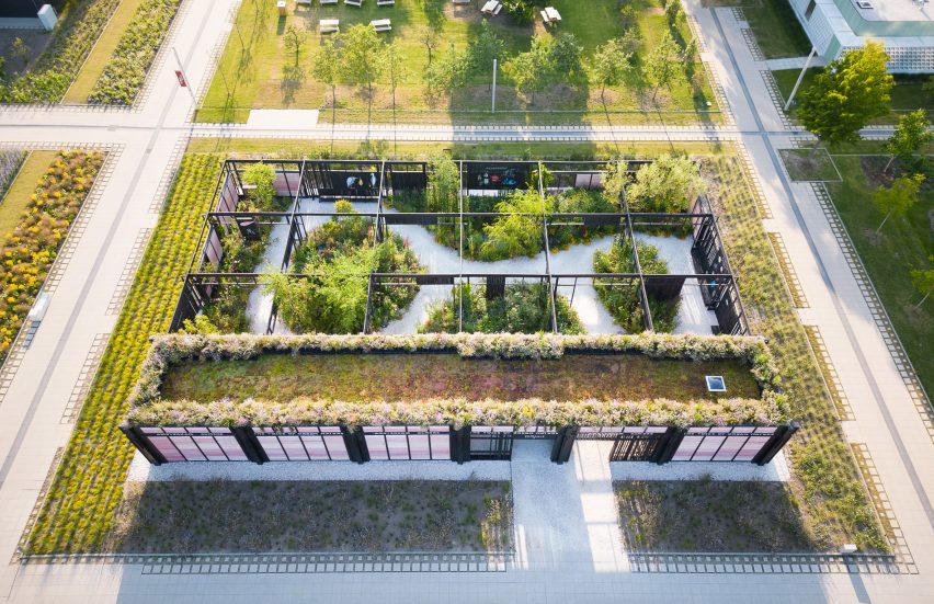 Aerial view of The Voice of Urban Nature pavilion at Floriade 2022 by Overtreders W