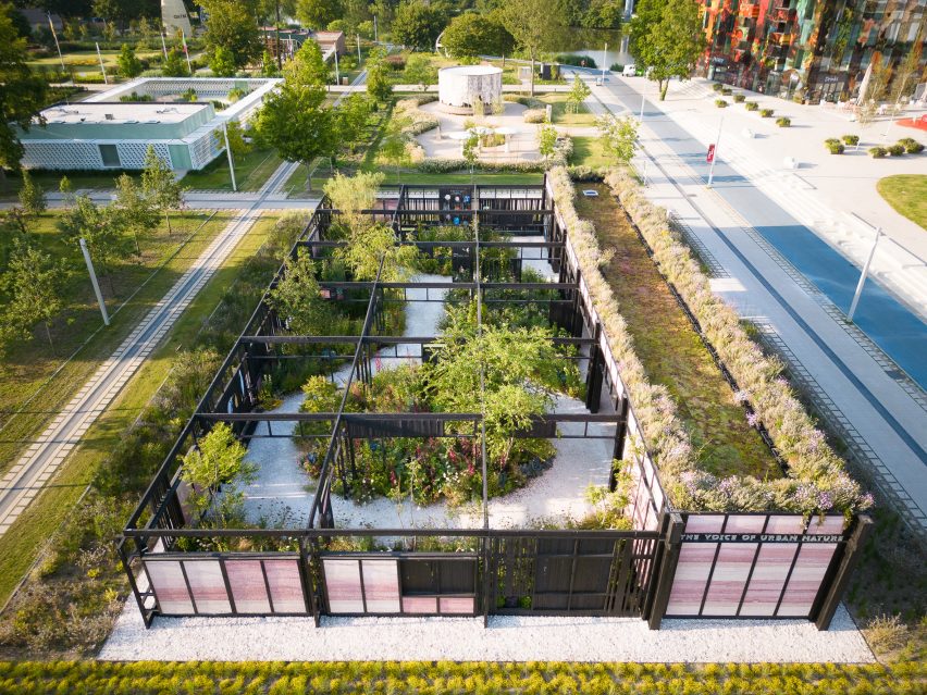 Aerial view of The Voice of Urban Nature pavilion at Floriade 2022 by Overtreders W