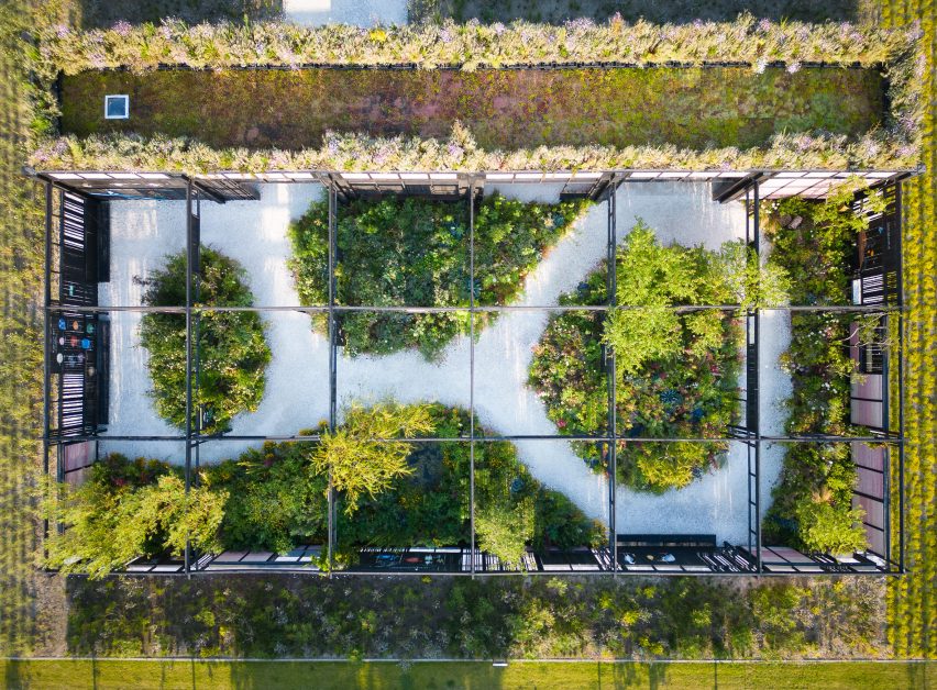 Aerial view of The Voice of Urban Nature pavilion at Floriade 2022 by Overtreders W