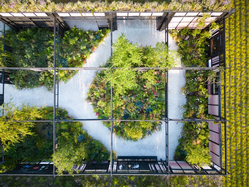 Aerial view of The Voice of Urban Nature pavilion at Floriade 2022 by Overtreders W