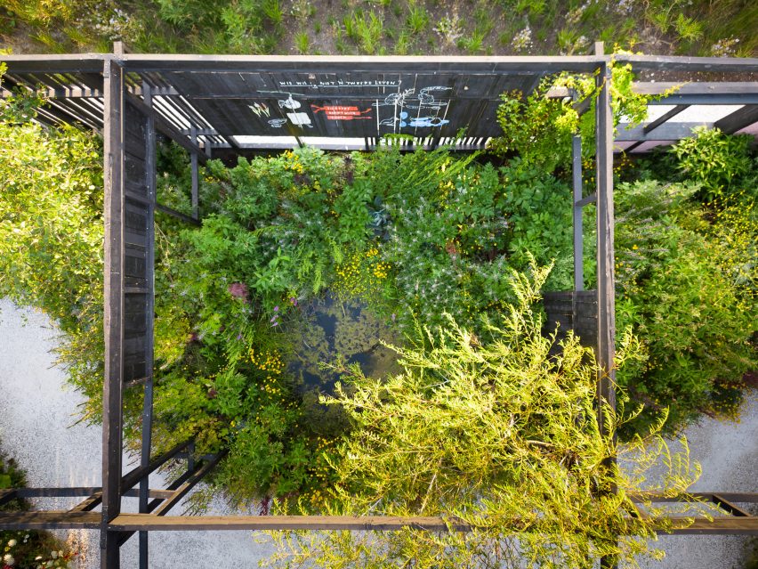 Aerial view of The Voice of Urban Nature pavilion at Floriade 2022 by Overtreders W