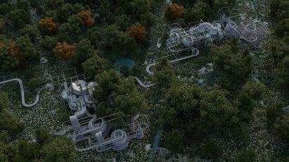 3D rendered model of a forest area with a silver metallic structural landscape intervention