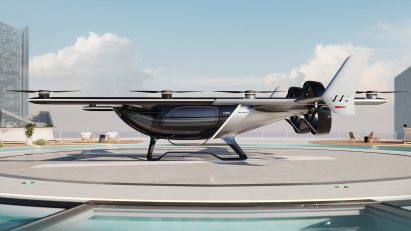 A flying car by Volkswagen China on a launchpad