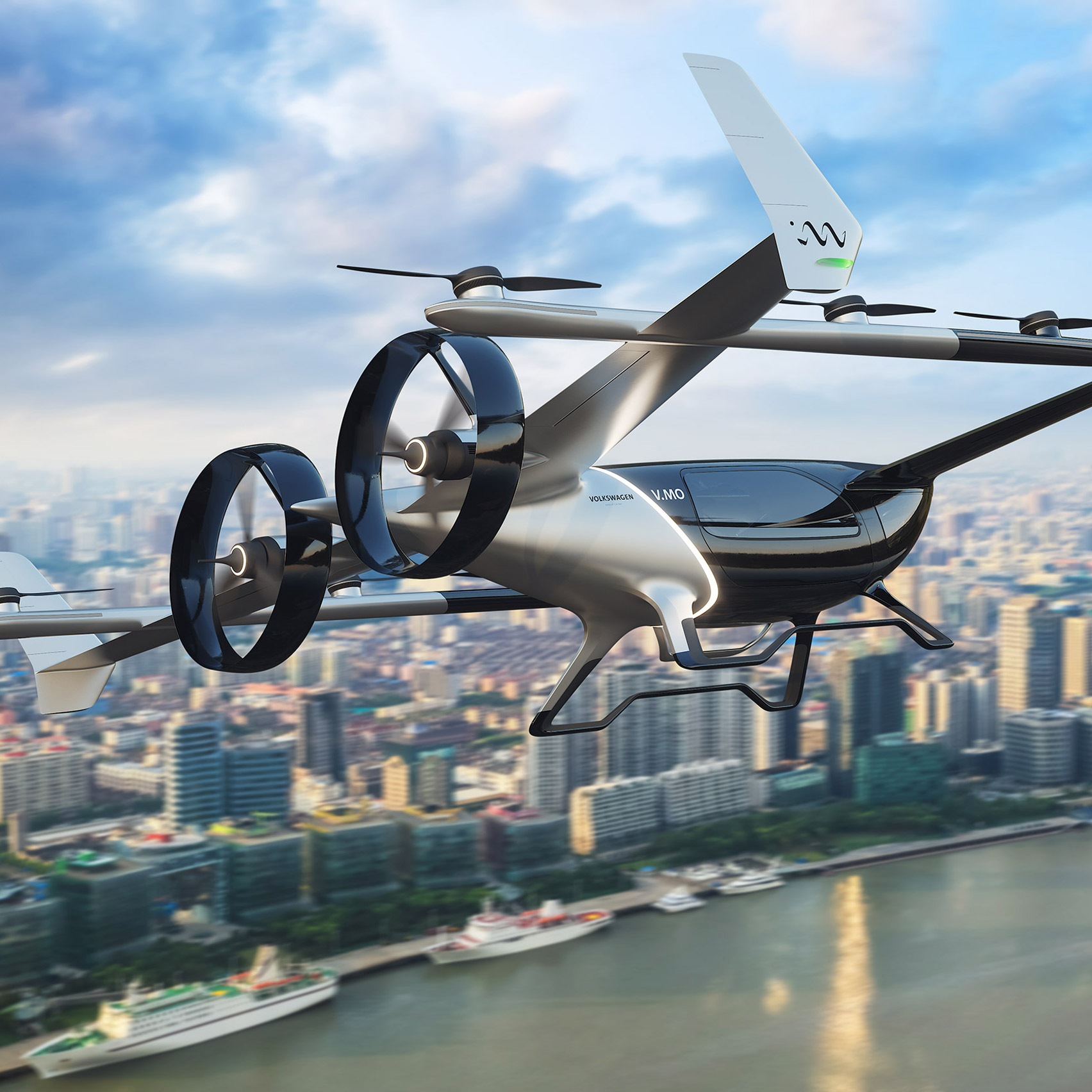 A flying car hovering above a river