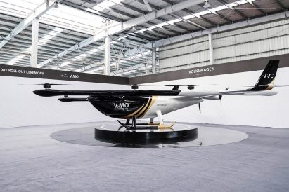 An white, black and gold eVTOL by Volkswagen