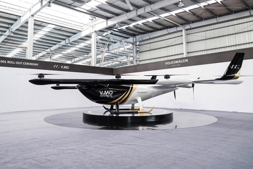 An white, black and gold eVTOL by Volkswagen
