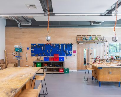 Workshop lined with plywood
