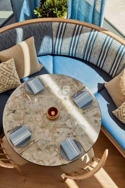 Overhead view of table and banquette