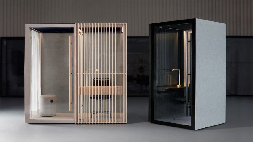 Wood and black Zen pods by Abstracta with wooden slats against the glass exterior