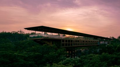 Exterior of Zenbo Seinei retreat at sunset