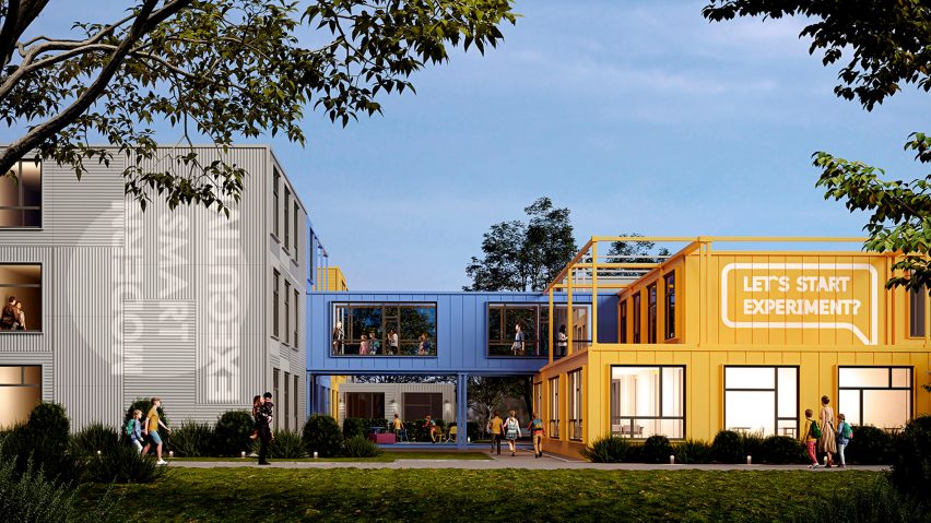 Render of the blue and yellow exterior of Revival which a concept for a demountable and scalable school in Ukraine