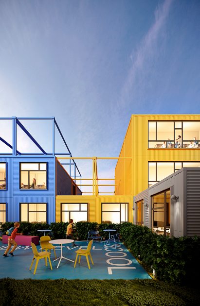Render of a seating area outside the yellow and blue walls of the Revival school
