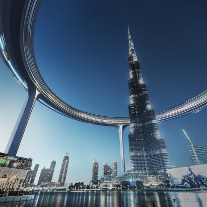 A circular structure around a skyscraper
