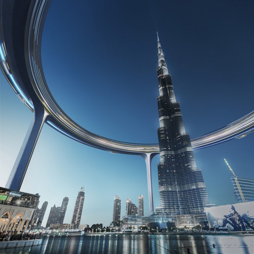 A circular structure around a skyscraper