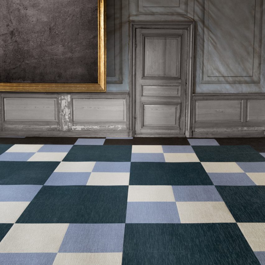 A close up image of Bolon's flooring, which includes blue, green and cream squares