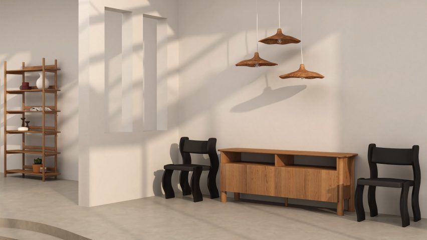 Photo of a wooden console table, chairs and lamp shades