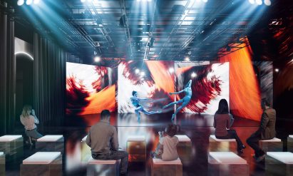 A render of people watching a theatrical dance by Lee Mingyeong