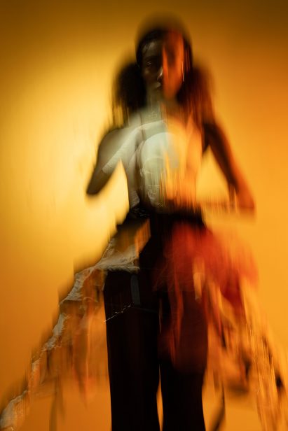 A abstract image of a girl with a skull.