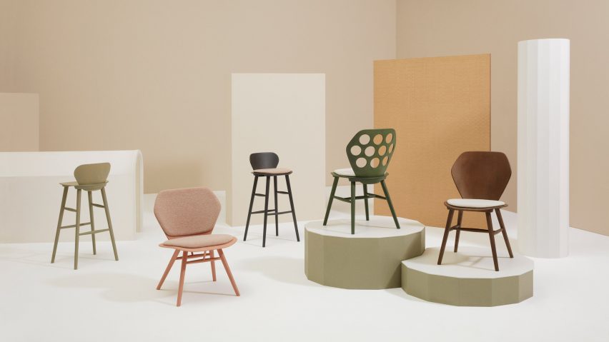 Photograph showing chairs and stools on plinths on white background