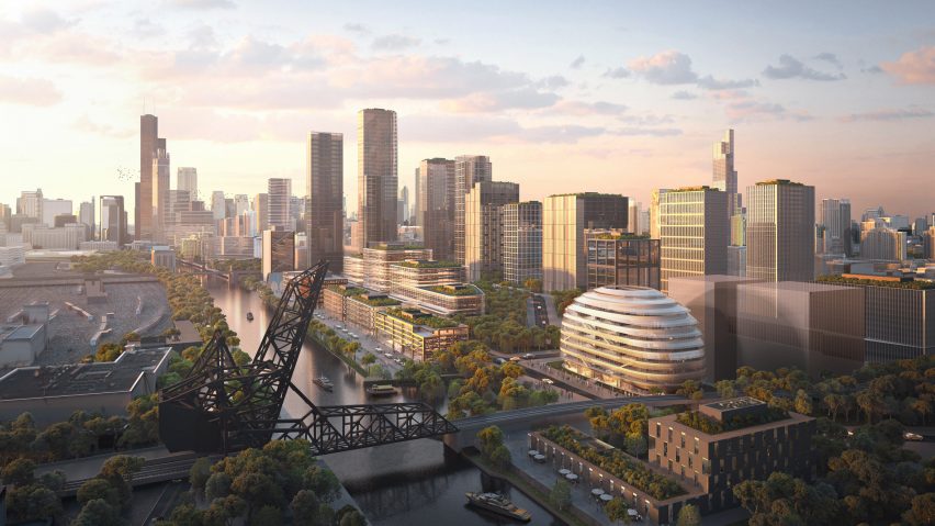 OMA dome-like building aerial in Chicago