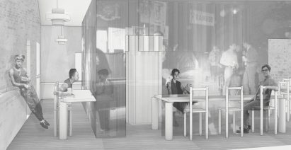 A queer cafe in grey and white