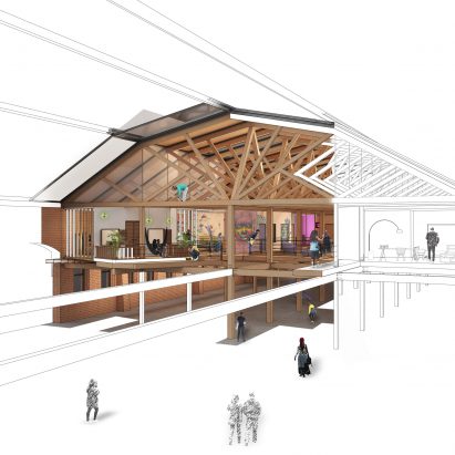 The inside of a wooden building 