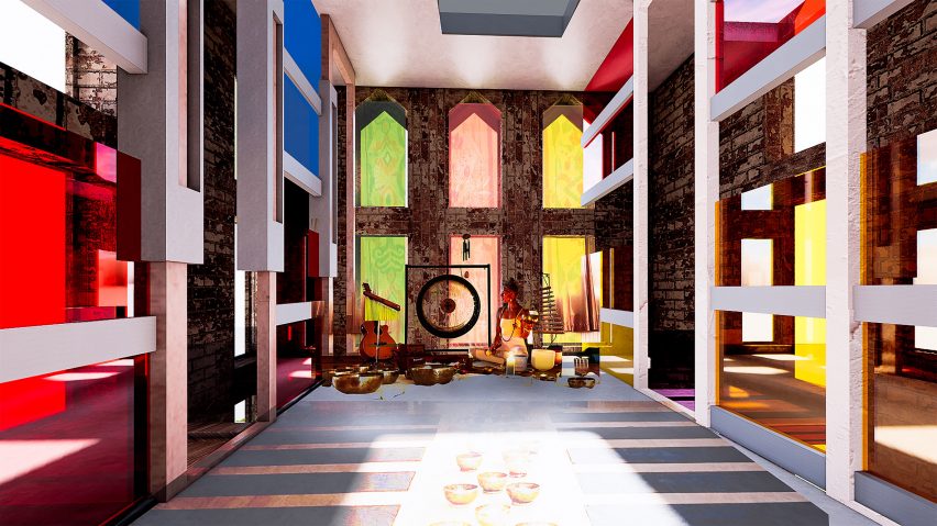 Colourful interior featuring stained glass windows