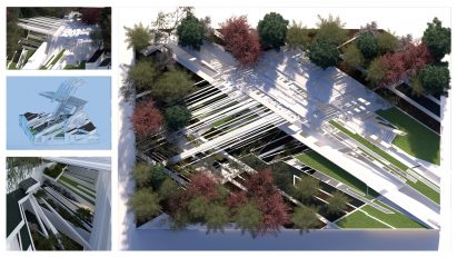 Four renders of a 3D model of a geometric white building across a forest landscape