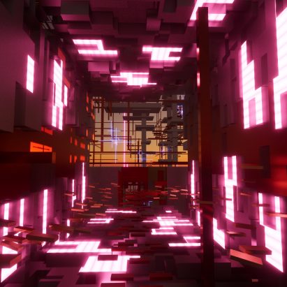 Cuboid VR space with pink square lights by a student at CRID