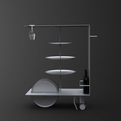 Silver Bacus trolley by Iain Sinclair with three trays and wine glass holder