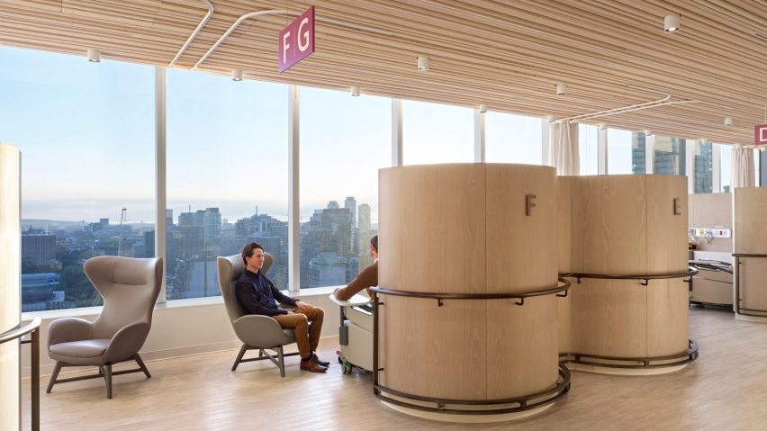 Consultation booths overlooking Toronto skyline