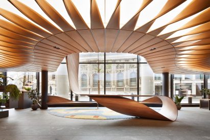 Twisted leather ceiling panels in 22 Bishopsgate lobby