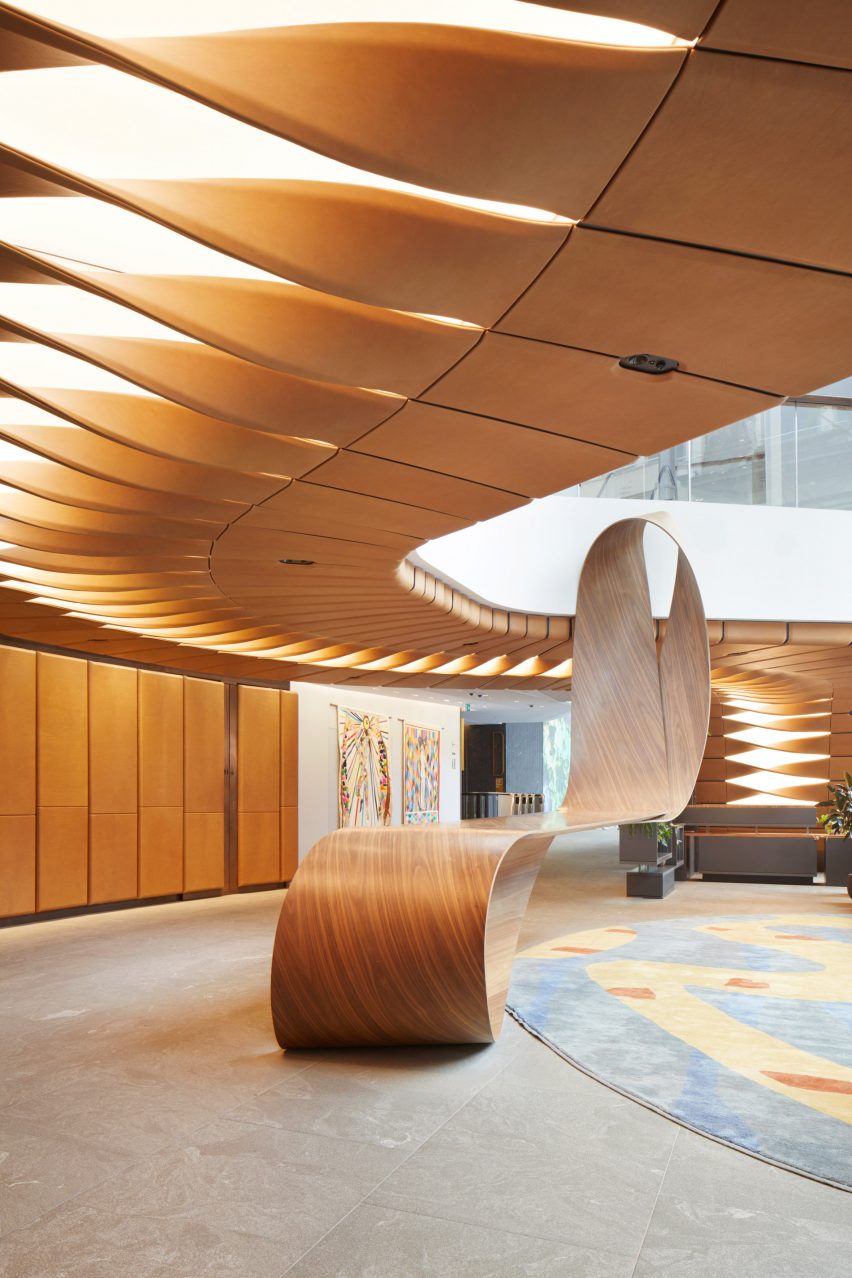 Leather ceiling installation in 22 Bishopsgate lobby by Bill Amberg Studio