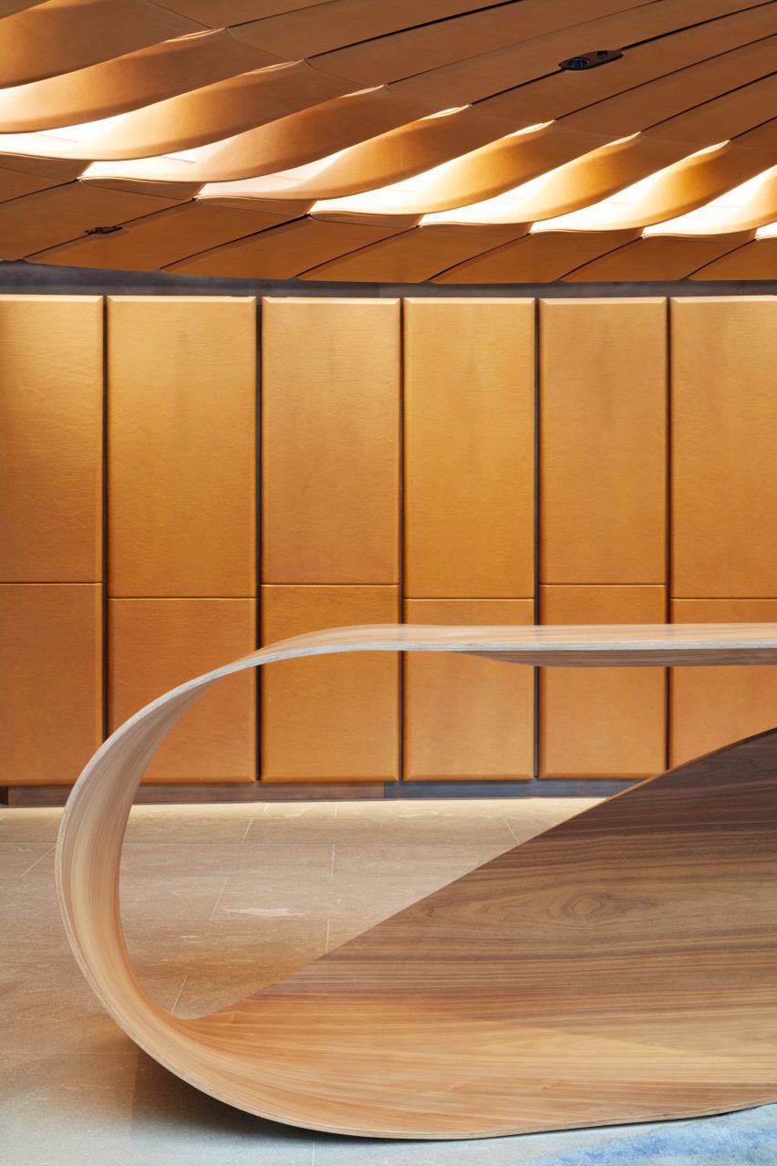 Leather ceiling installation in 22 Bishopsgate lobby by Bill Amberg Studio