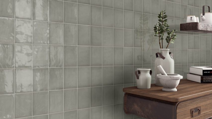 Muted green Borriana wall tiles by Estudio Ceramico