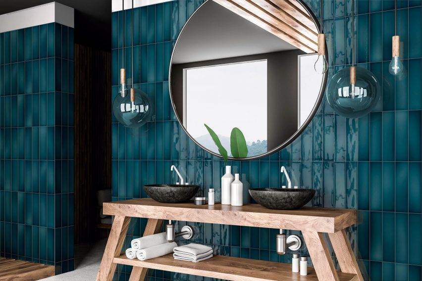 Deep green Borriana wall tiles in a bathroom