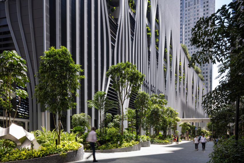 Exterior of CapitaSpring skyscraper by BIG and Carlo Ratti