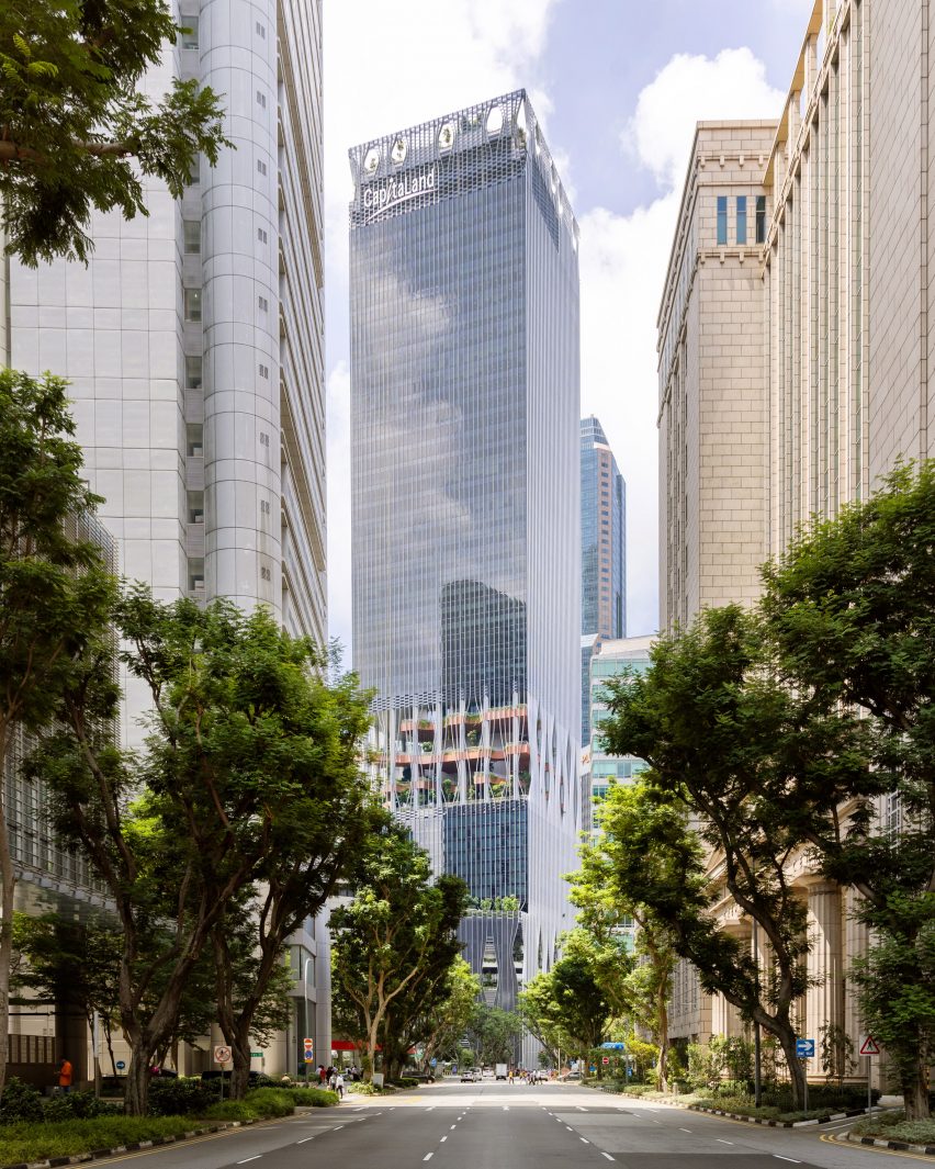 Exterior of CapitaSpring skyscraper by BIG and Carlo Ratti