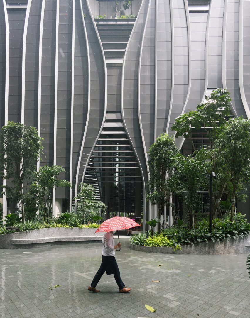 Exterior of CapitaSpring skyscraper by BIG and Carlo Ratti