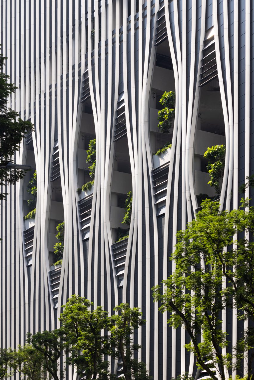 Exterior of CapitaSpring by BIG and Carlo Ratti