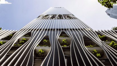 View up of CapitaSpring by BIG and Carlo Ratti