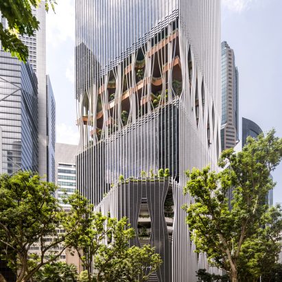 The exterior of CapitaSpring by BIG and Carlo Ratti