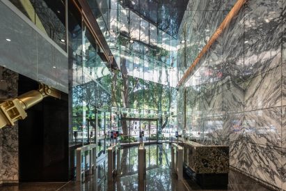 Glorieta Cibeles Tower interior lobby with marble walls