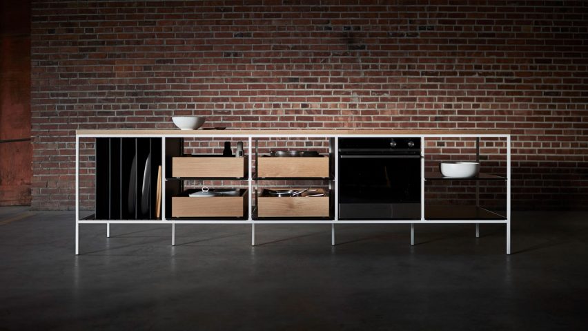 Photograph of kitchen island in dimly lit space